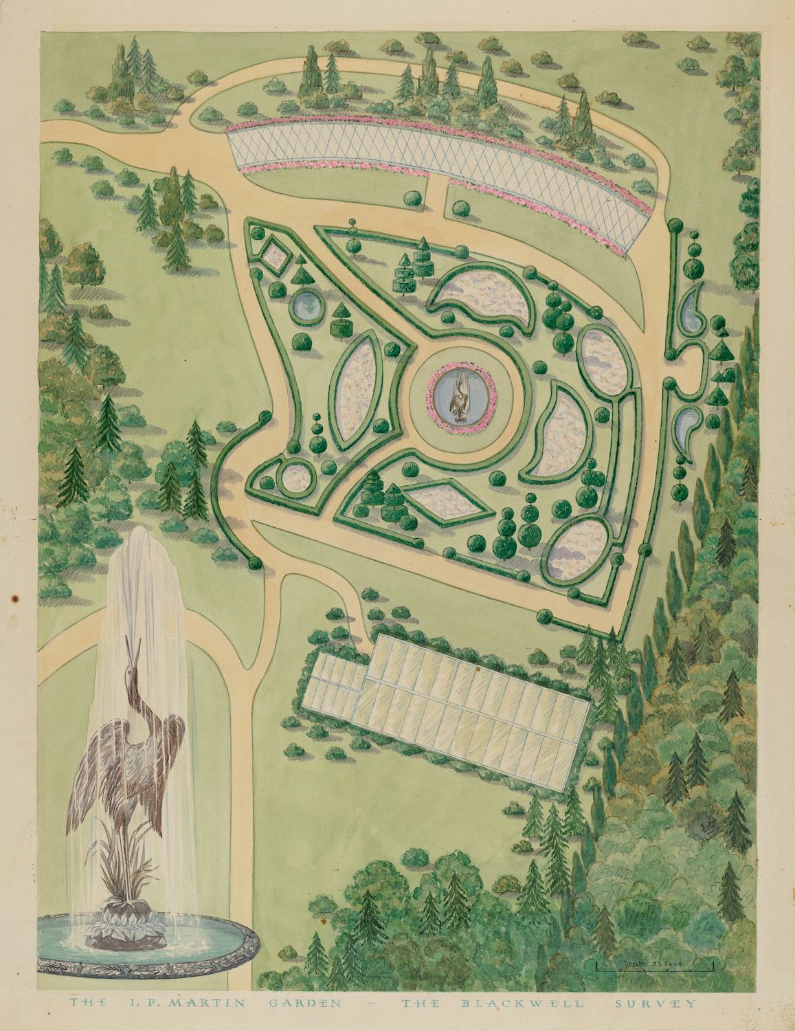 Vintage map of a formal garden with a central flowerbed, interconnected paths, a pond with a fountain, and a tennis court.
