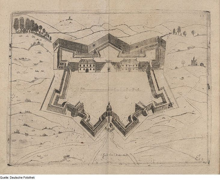 Vintage sepia-toned drawing of a star-shaped fort surrounded by a moat and landscape.
