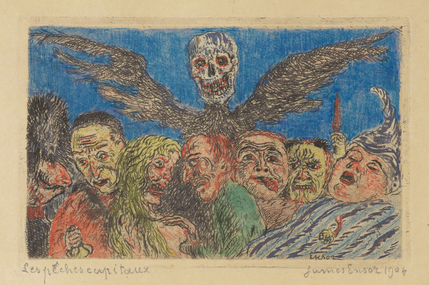 A color etching titled 'Les péchés capitaux' (The Seven Deadly Sins) by James Ensor, created in 1904. The artwork depicts a chaotic and unsettling scene filled with grotesque masks and faces.