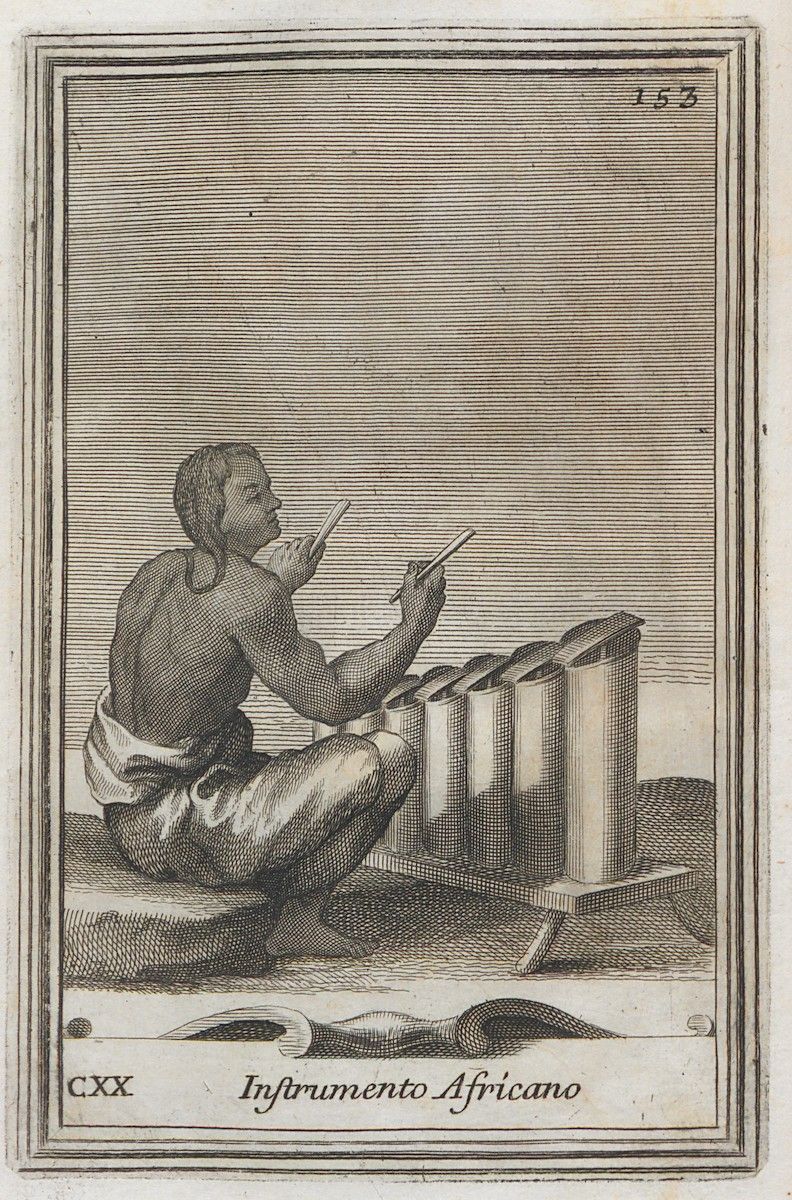 Vintage engraving of a man playing a xylophone-like instrument, labeled 'CXX Instrumento Africano'.