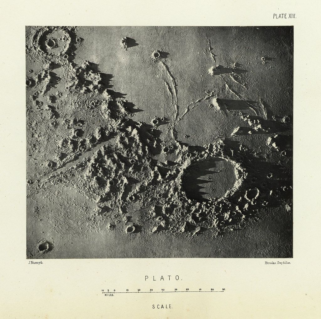 A vintage black and white illustration of the lunar crater Plato, showing a heavily textured surface with numerous craters, ridges, and valleys. A scale indicates distances in miles, and text labels the crater and publisher.