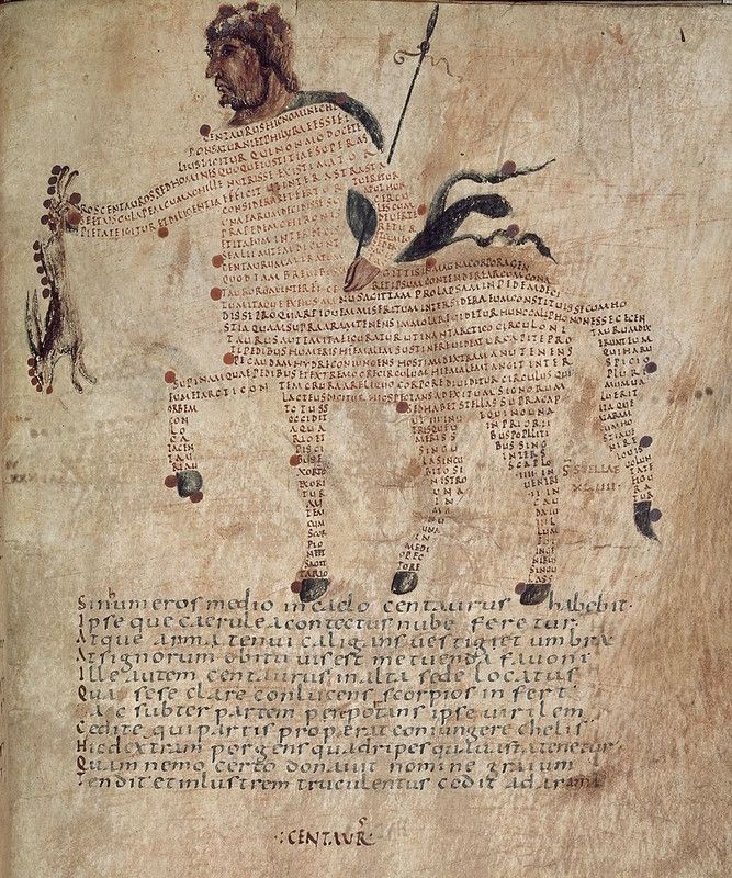 A page from a medieval manuscript with Latin text and an illustration of a centaur, decorated with red flowers.