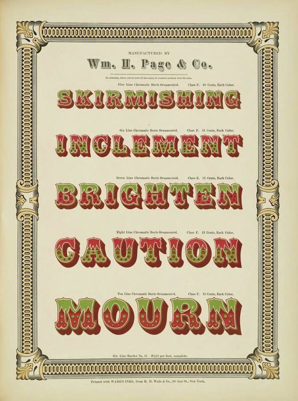 A vintage chromolithograph advertising Wm. H. Page & Co., featuring five lines of stylized lettering in red, green, and blue, each representing a different word: “SKIRMISHING”, “INCREMENT”, “BRIGHTEN”, “CAUTION”, and “MOURN”. The design is highly decorative, with a complex border of repeating geometric patterns.