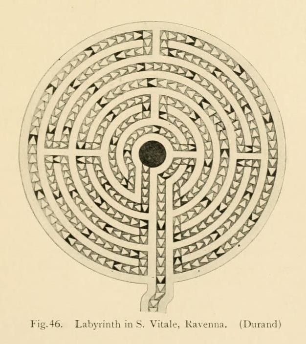 Black and white illustration of a labyrinth in S. Vitale, Ravenna.