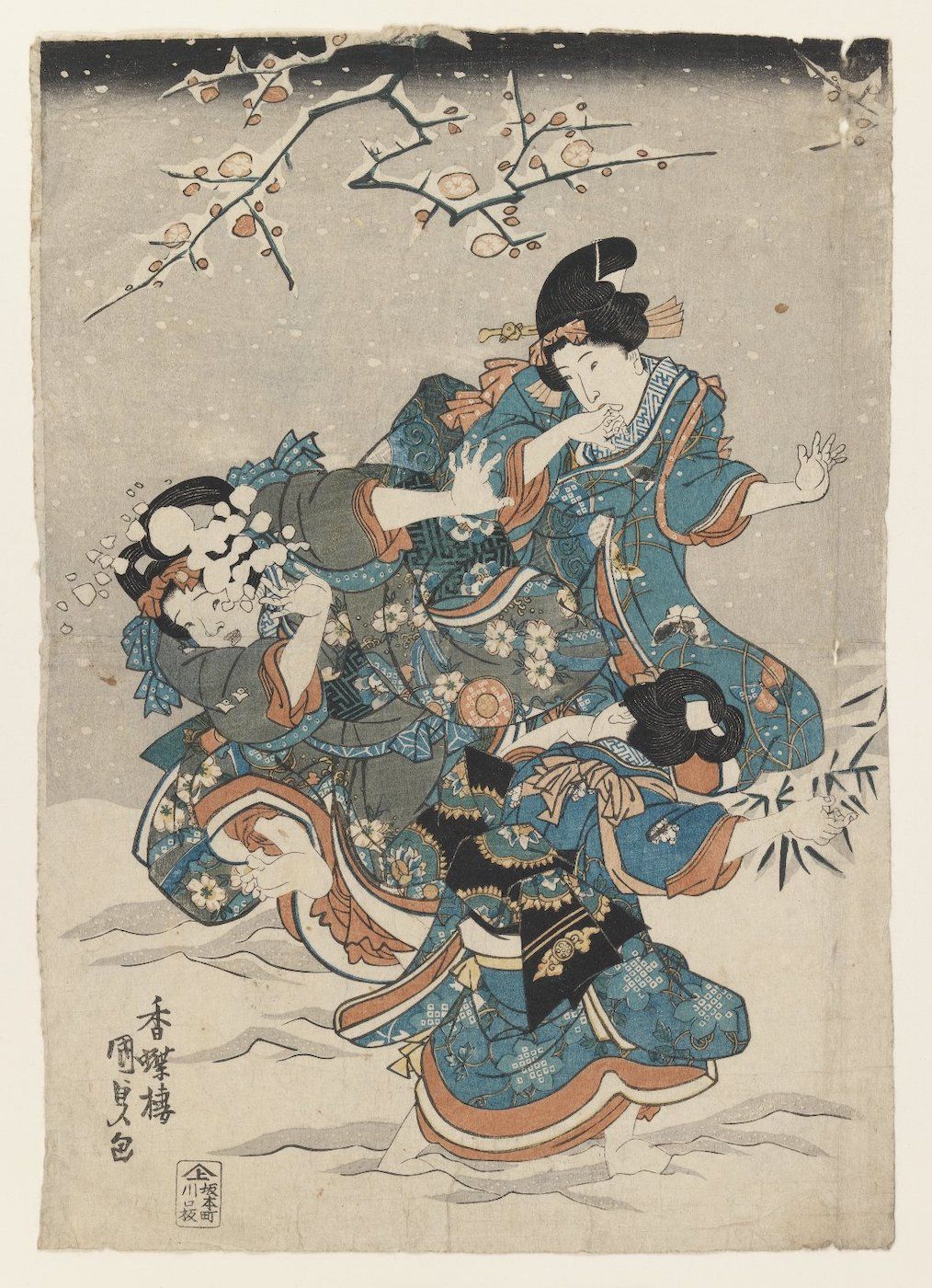 A Japanese woodblock print depicting two women in a dramatic embrace amidst falling snow and water.