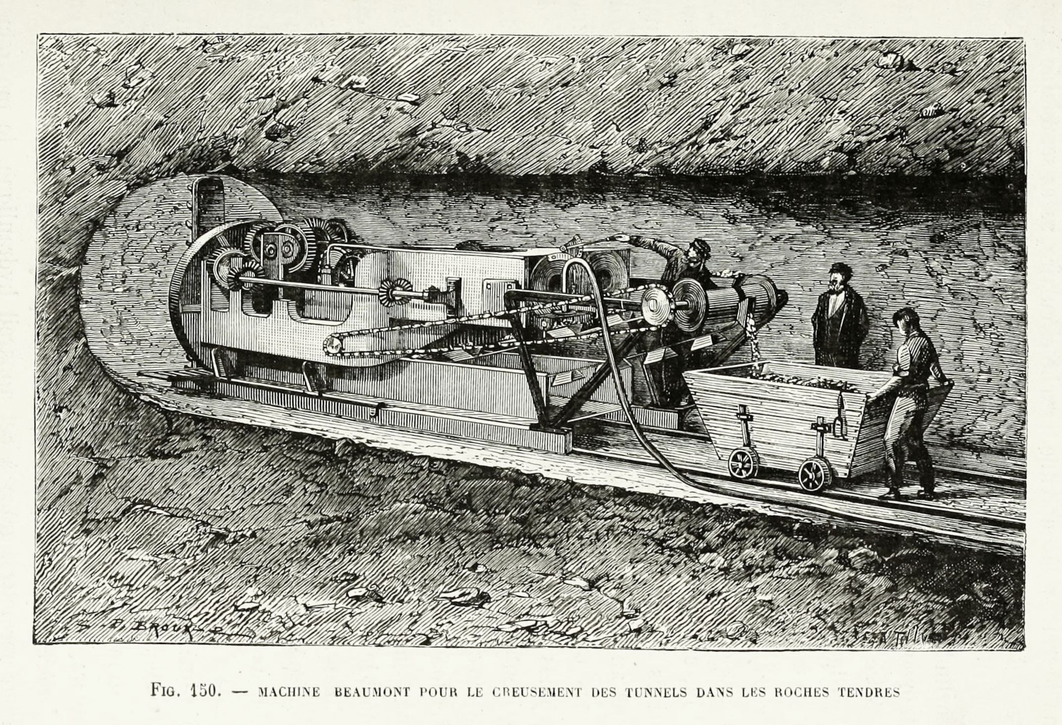 Vintage engraving of a tunnel boring machine in operation, with men operating the machine and a cart for hauling away excavated material.