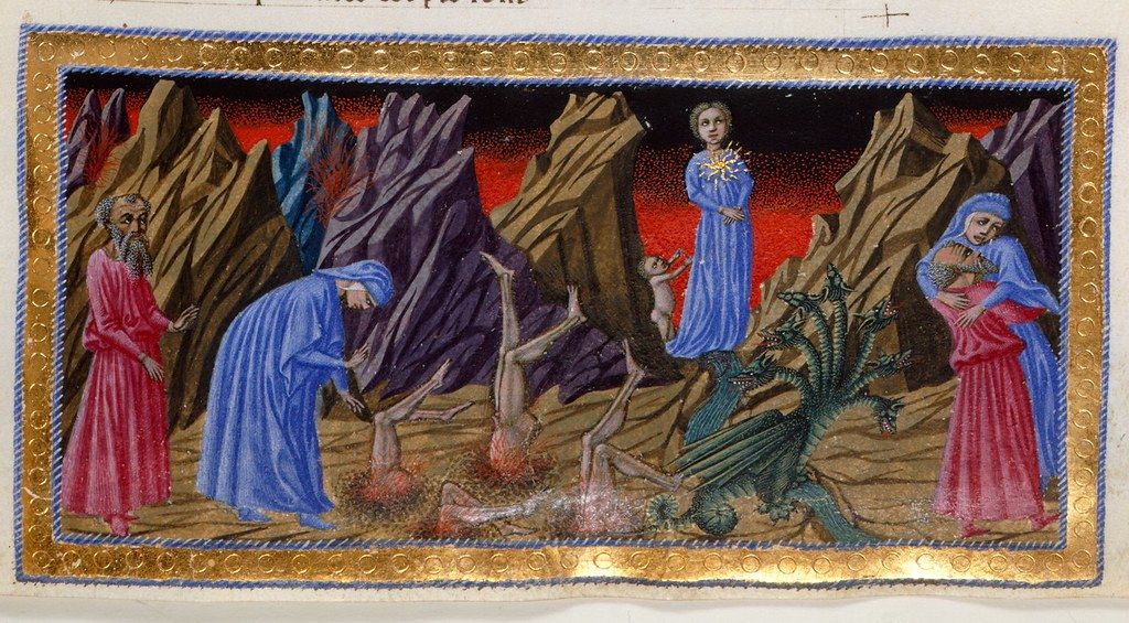 Medieval manuscript illumination depicting a dramatic scene within a rocky landscape with four figures and a fire.