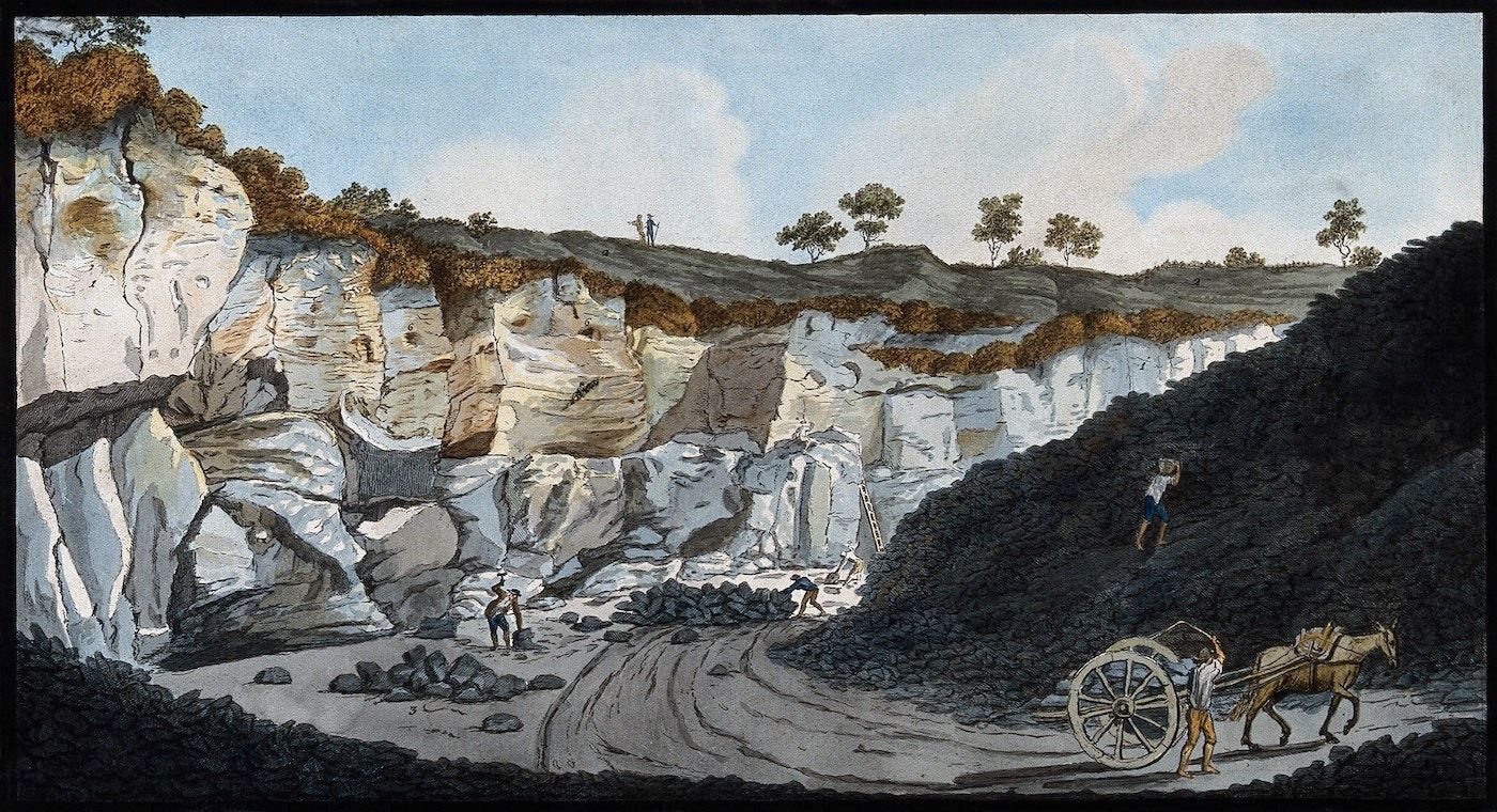 Watercolor painting of a stone quarry with a cliff face, horse-drawn cart, and people working.