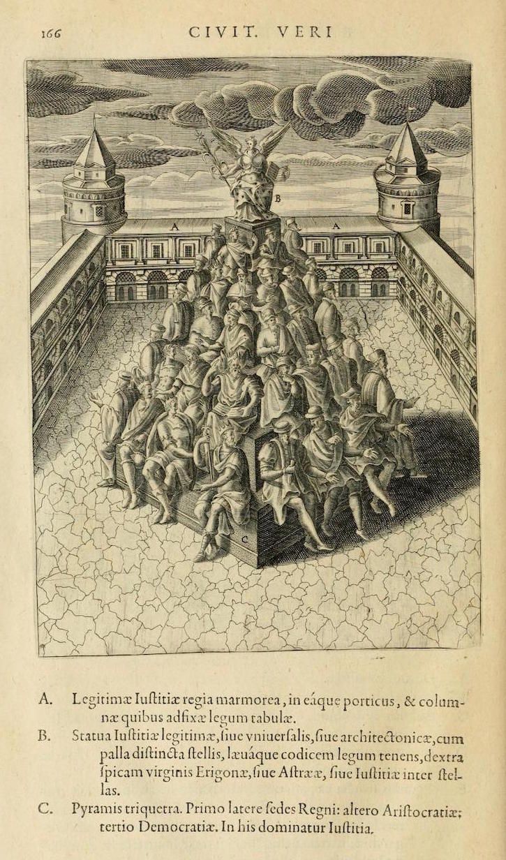 A black and white engraving depicting a tiered pyramid of people supporting a castle with a statue on top, with text below.