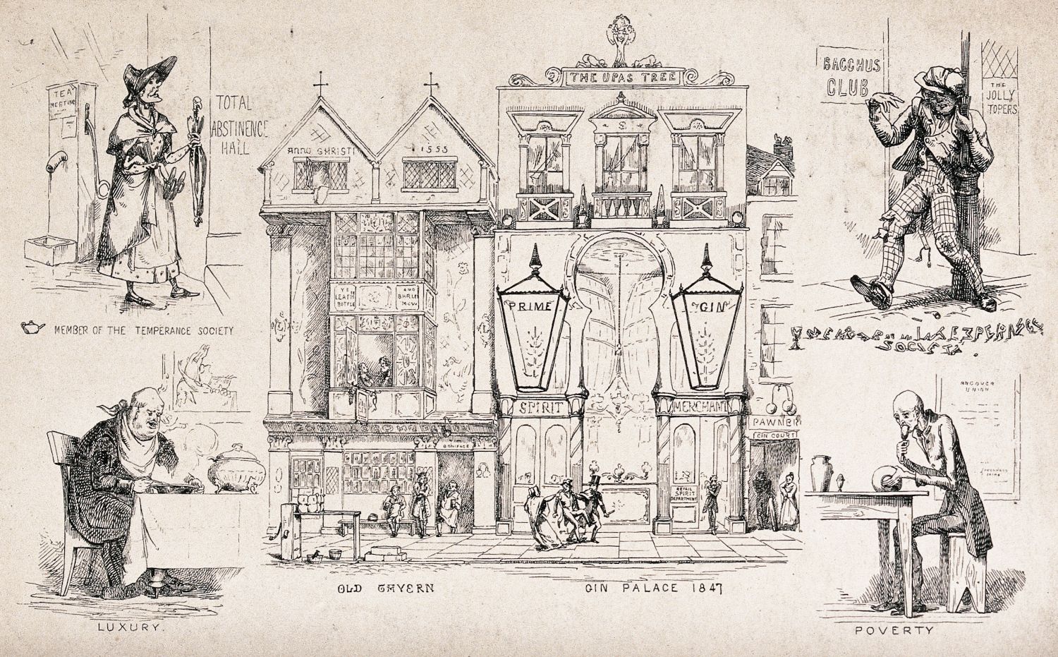 A black and white illustration depicting a stark contrast between luxury and poverty in 1847.
