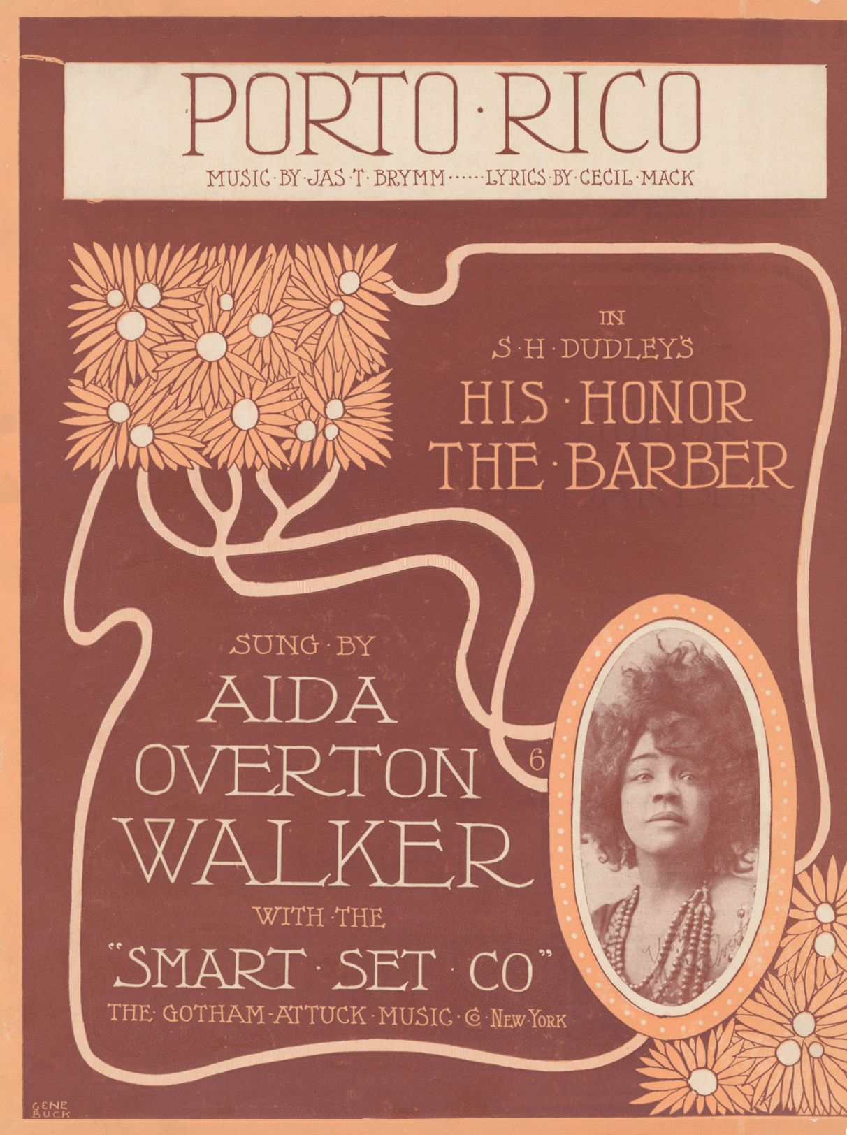 Vintage sheet music cover for "Porto Rico" featuring a portrait of Aida Overton Walker and a floral design.