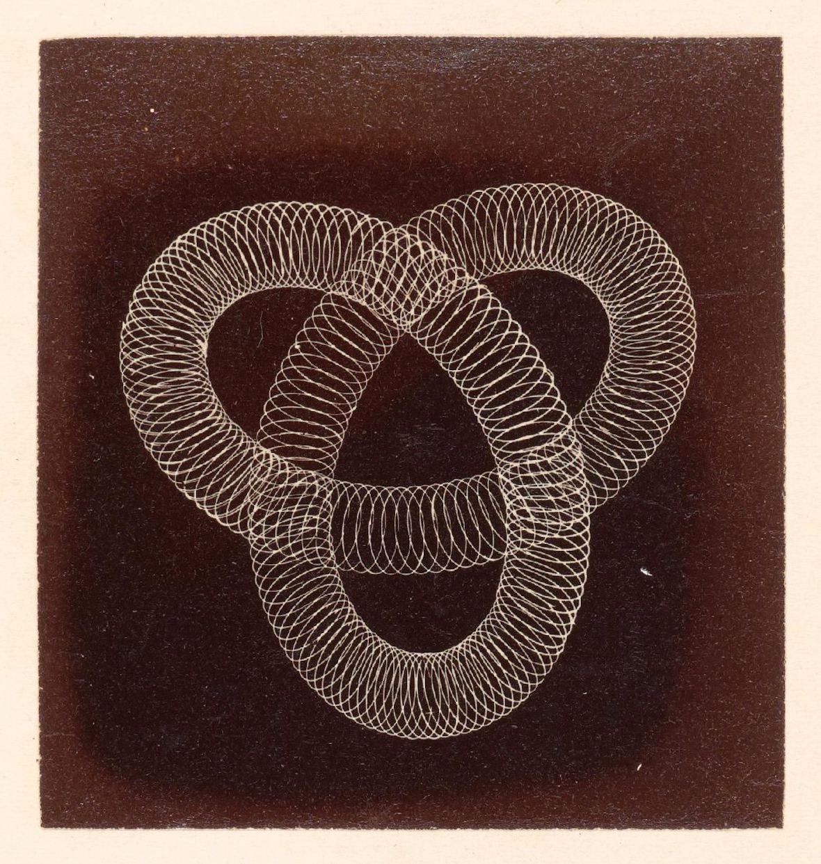 A black and white drawing of a complex spiral pattern.