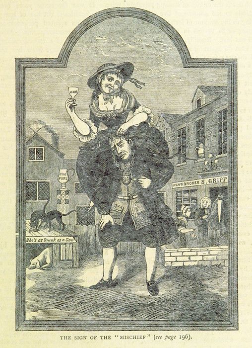 Vintage illustration of a man carrying a drunken woman on his shoulders on a street with a pawnshop and a sign reading 'She's as Drunk as a Sow'.