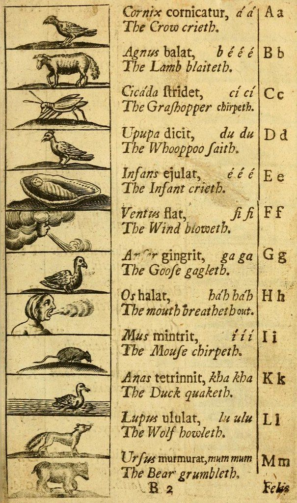 A vintage black and white illustration featuring a series of animals paired with phonetic sounds and corresponding English translations.