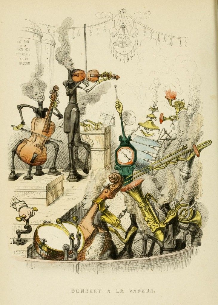 A vintage black and white illustration titled "Concert à la Vapeur" (Steam Concert) depicting steam-powered automatons performing a concert on stage.