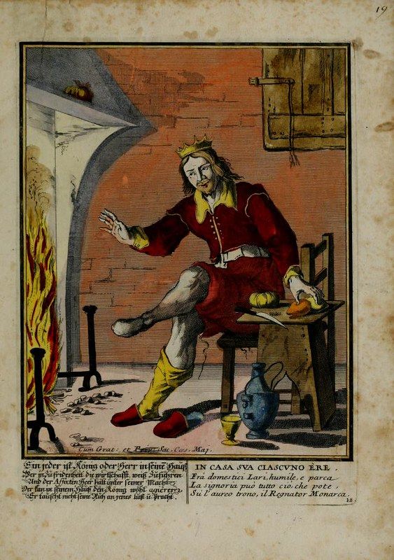 Vintage woodcut or engraving of a regal man gesturing in a room with a fireplace and table.