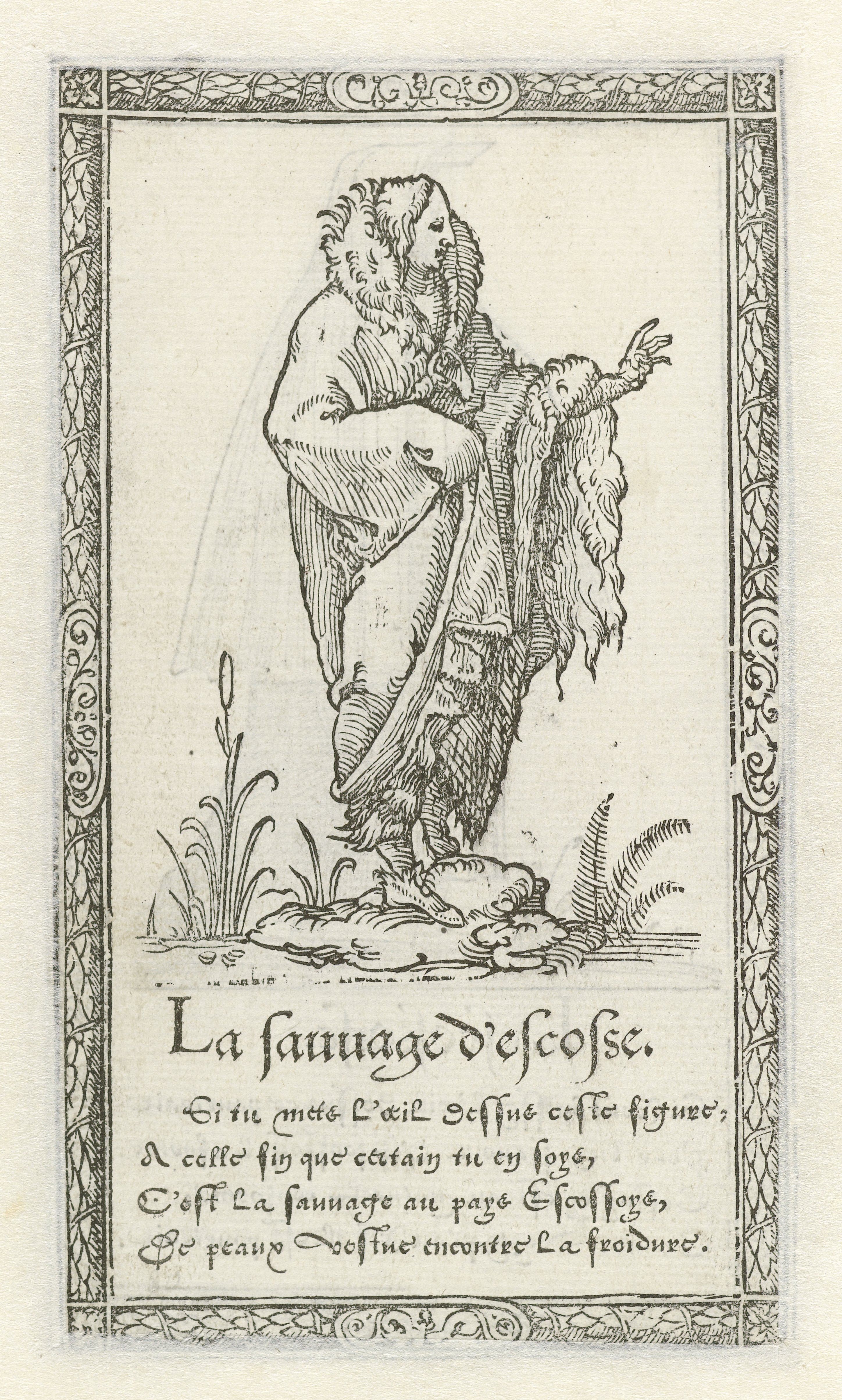 A black and white engraving depicting a man interacting with a large reptilian creature, framed by an ornate border and accompanied by French text.