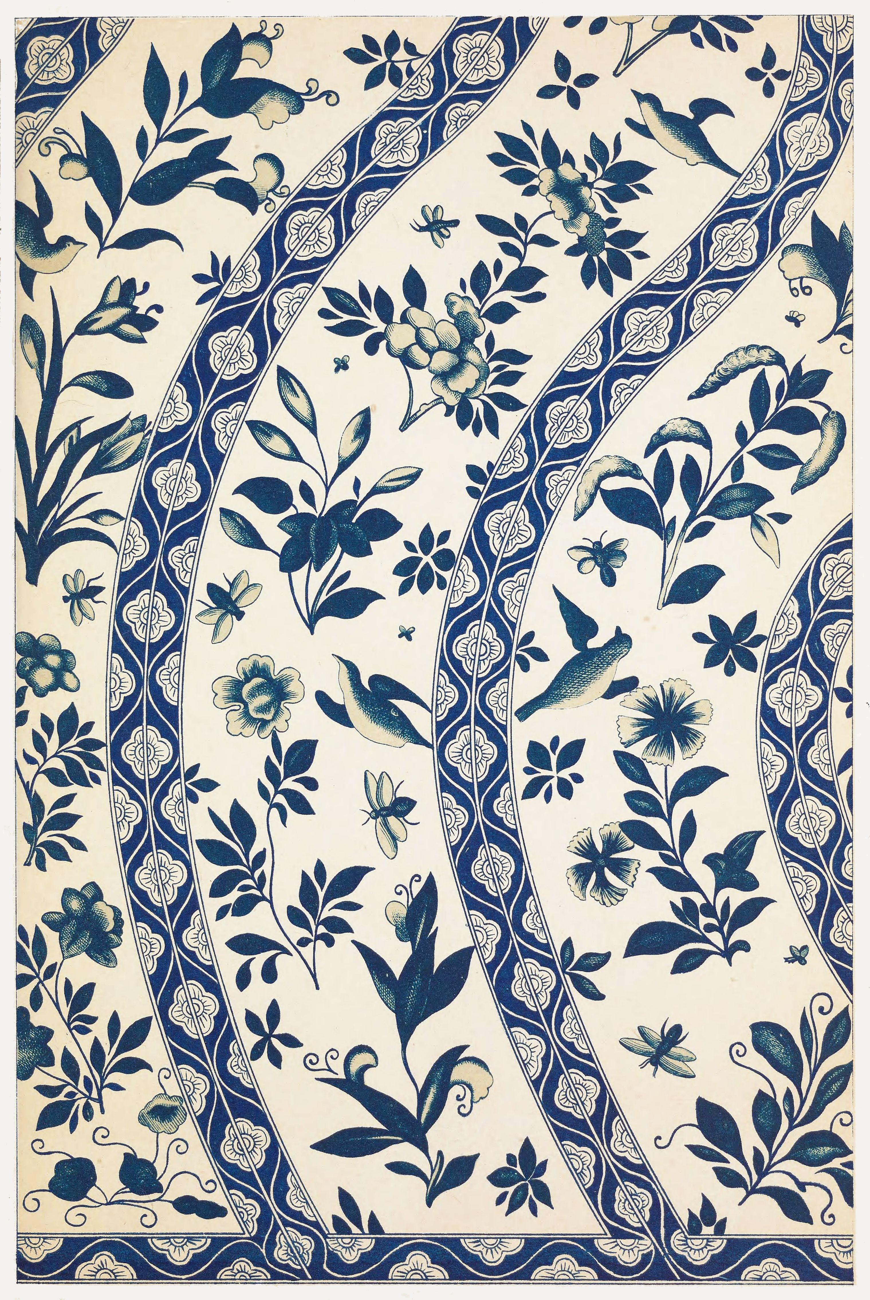 A vintage textile design featuring a repeating pattern of blue floral motifs on a white background.