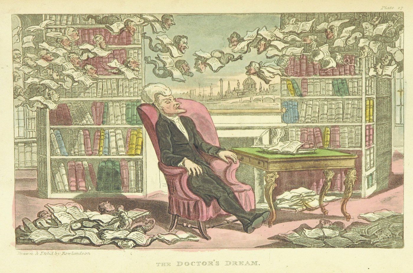 A hand-drawn illustration titled 'The Doctor's Dream' depicts a man asleep at his desk, surrounded by books and papers, with angels flying above him.