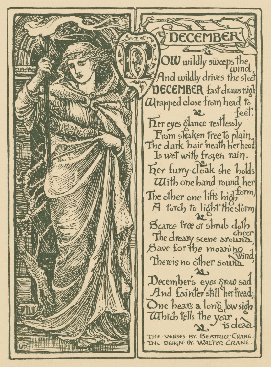 A vintage illustration of a woman in a cloak holding a torch in a wintry scene, with text and decorative elements.