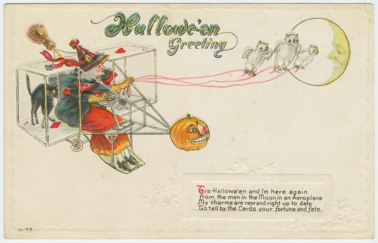 Vintage Halloween greeting card with a witch flying an airplane pulled by a pumpkin head, with black cats flying around the moon.