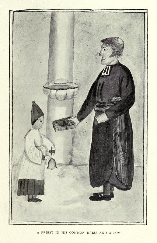 A vintage illustration of a priest in a dark robe and a boy in a white robe with red stripes, standing near a baptismal font.