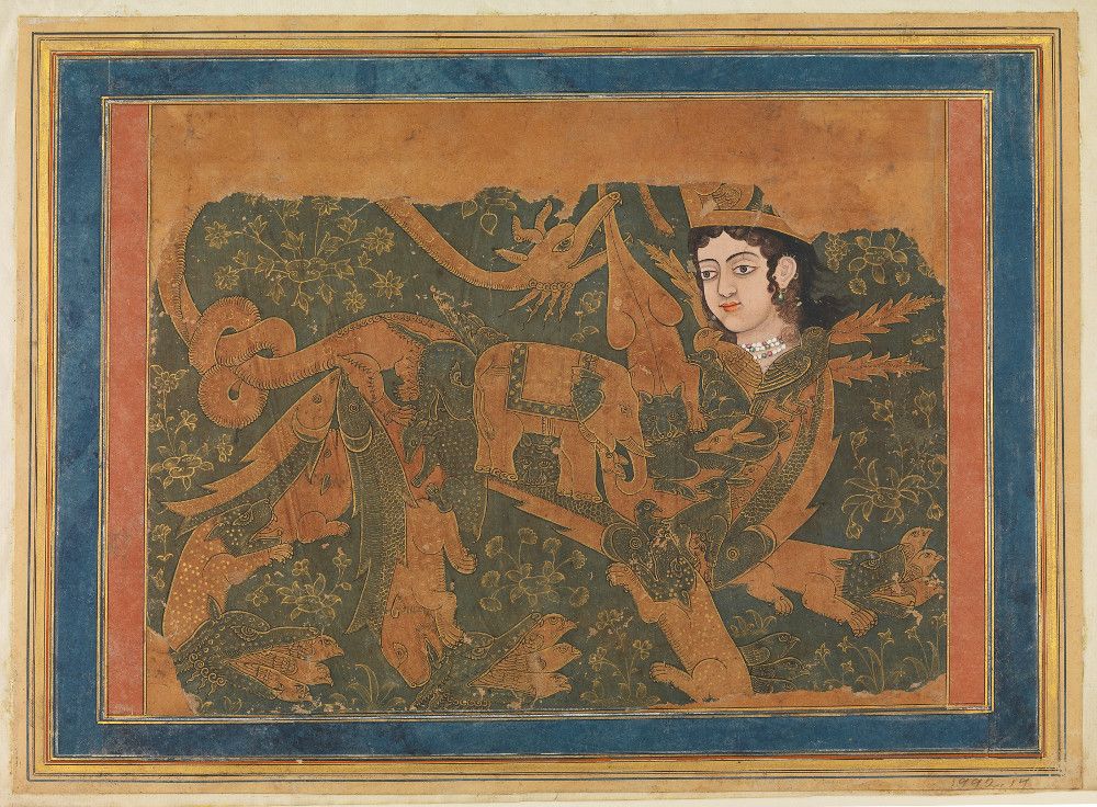 A painting of a person riding an elephant against a floral background, framed by a dark blue and gold border.