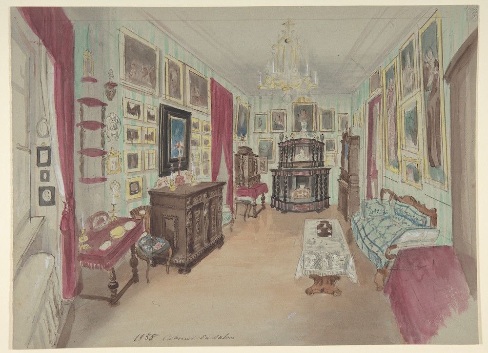Watercolor painting of the interior of a lavishly decorated room in Paddington, 1855.