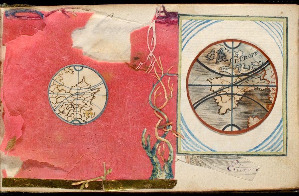 A page from an old book with two circular maps and a feather illustration.