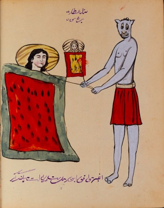 Vintage illustration of a blue-skinned figure attending to two women in beds.
