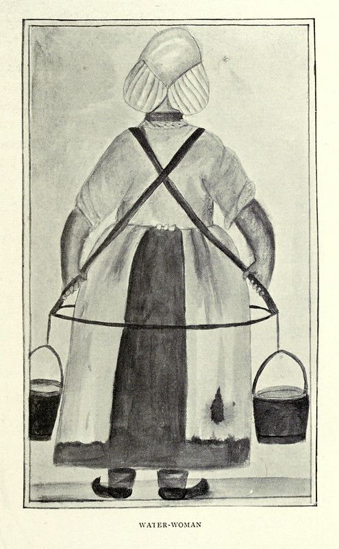 Vintage illustration of a 'Water-Woman' carrying water in buckets from a yoke across her shoulders.