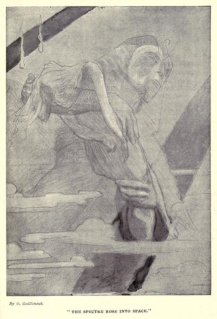 A black and white illustration of a spectral figure rising from a stone block into a swirling, misty space. The figure is draped in flowing garments and has long, flowing hair. The caption reads "THE SPECTRE ROSE INTO SPACE."