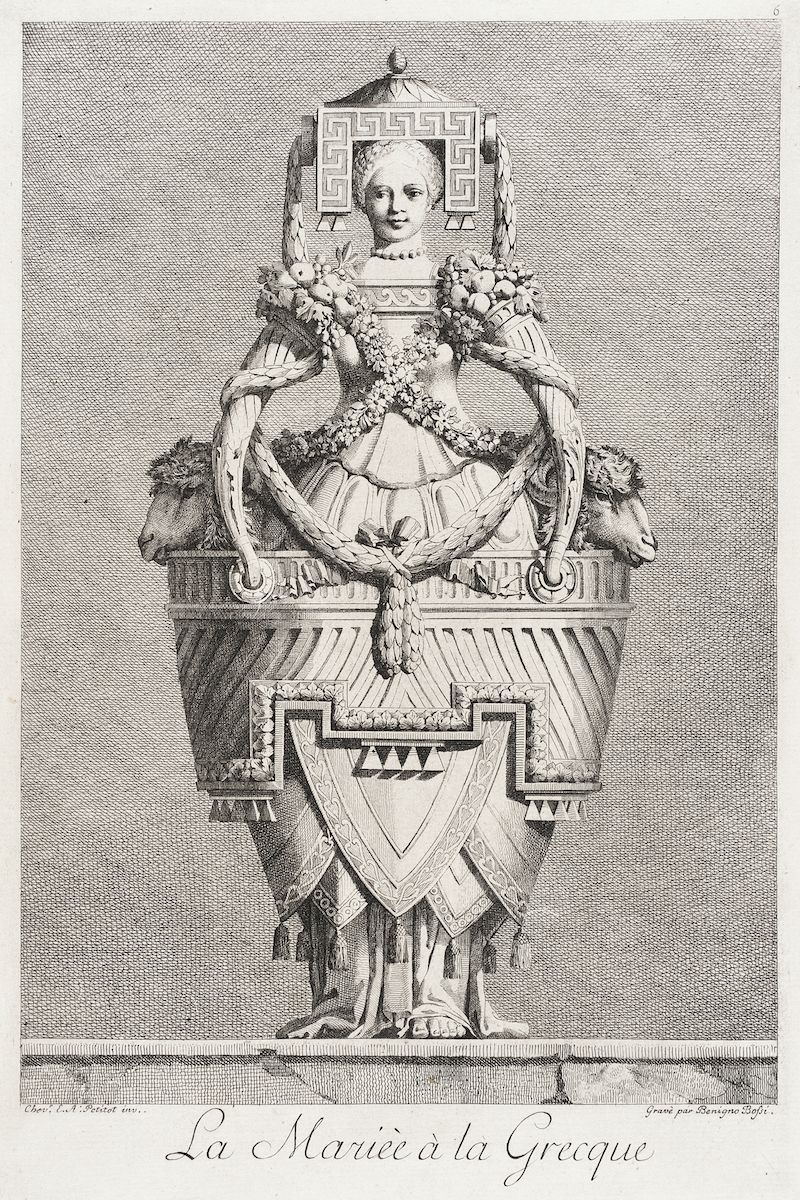 A black and white engraving depicting a woman emerging from a large, ornate vase, with the text "La Mariée à la Grecque" below.