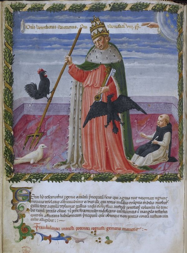 Medieval illumination of a regal man with animals and a monk.