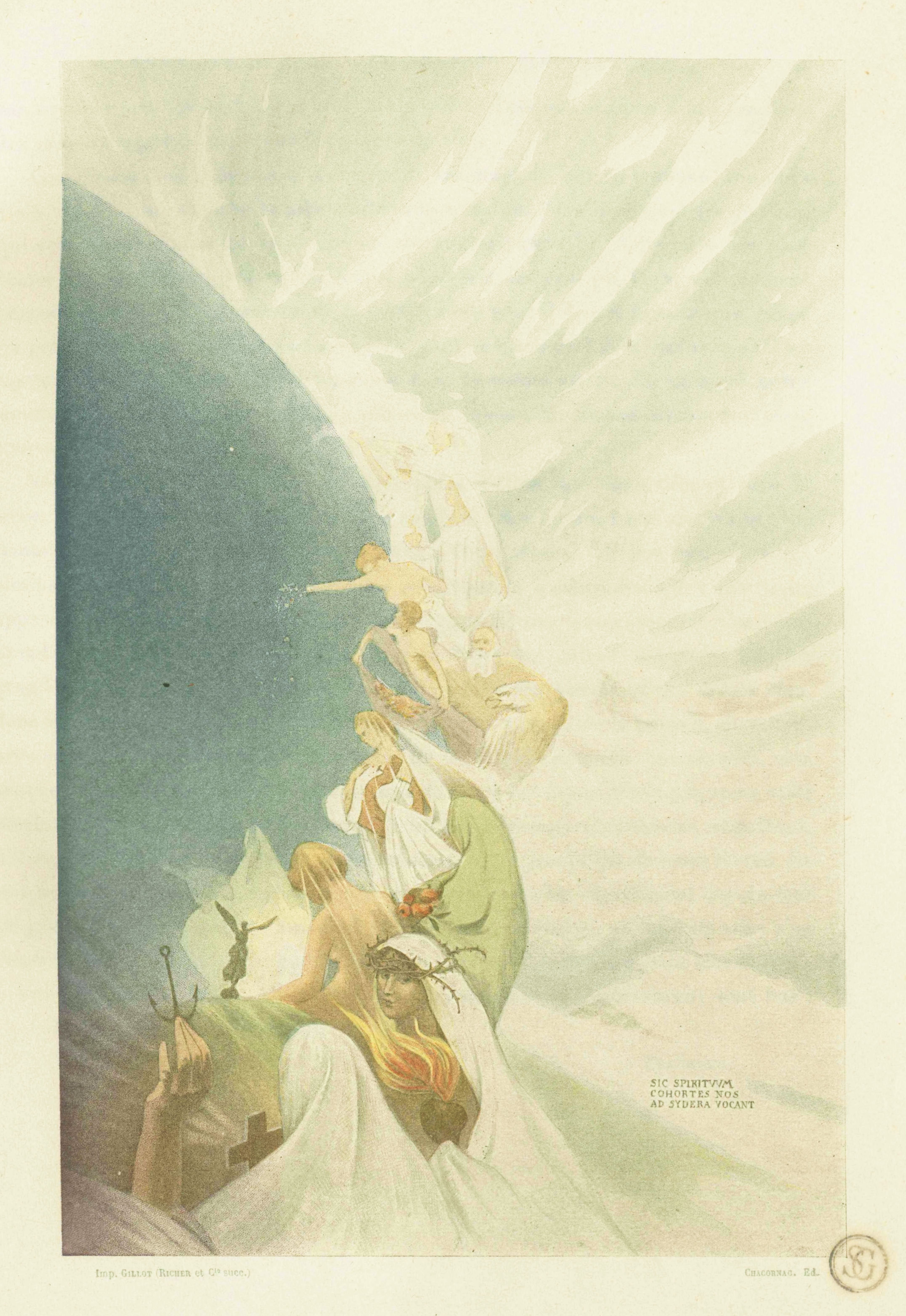 A group of ethereal figures ascending into a bright, luminous sky, enveloped in swirling clouds.