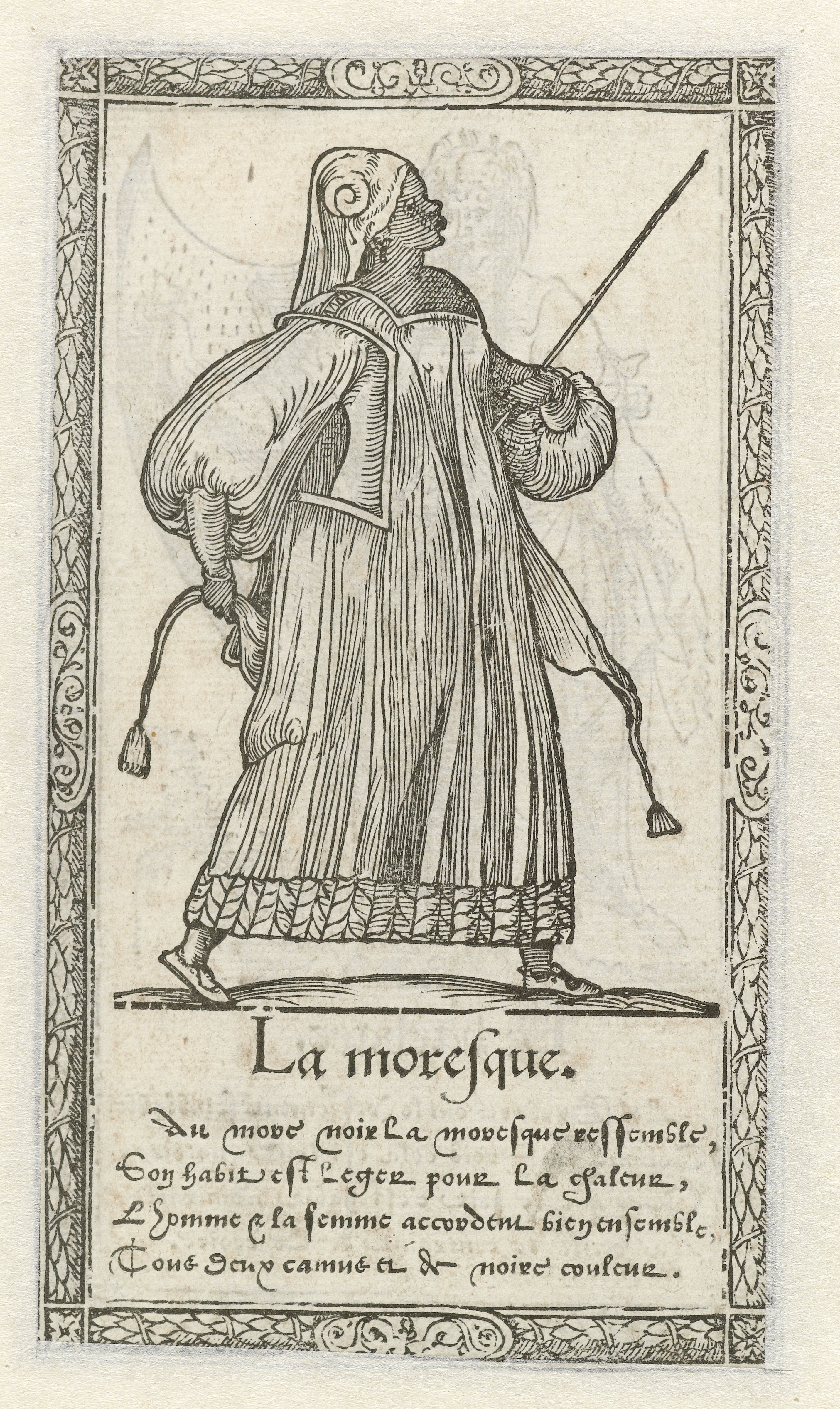 A black and white engraving of a man in historical attire, holding a sword and wearing a large hat, framed by an ornate border with text below.