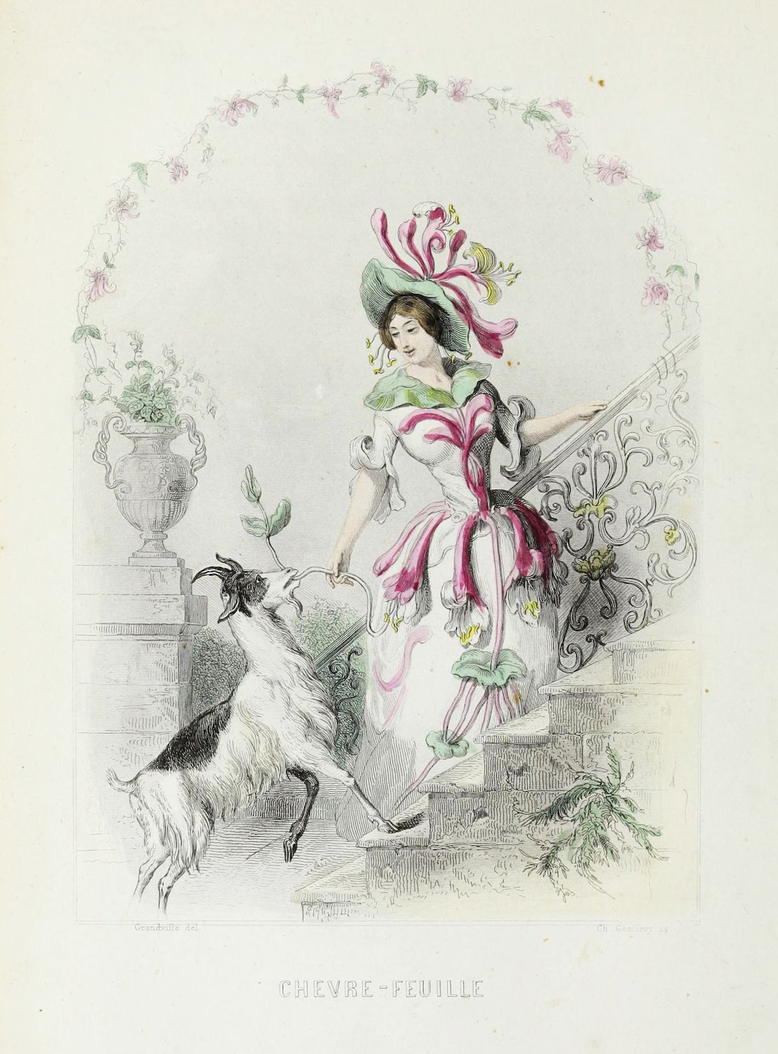 Vintage lithograph of a woman riding a goat in a garden setting.