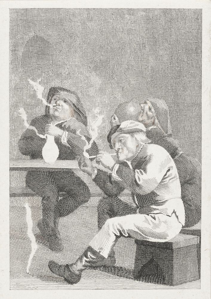 A black and white engraving of two men smoking pipes at a table.