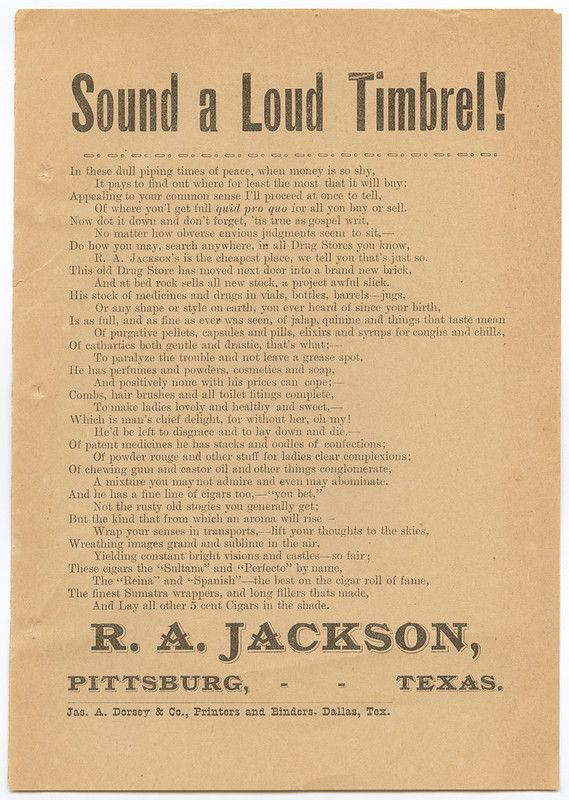 Vintage advertisement for R.A. Jackson's store in Pittsburg, Texas, filled with rhyming text listing various goods.