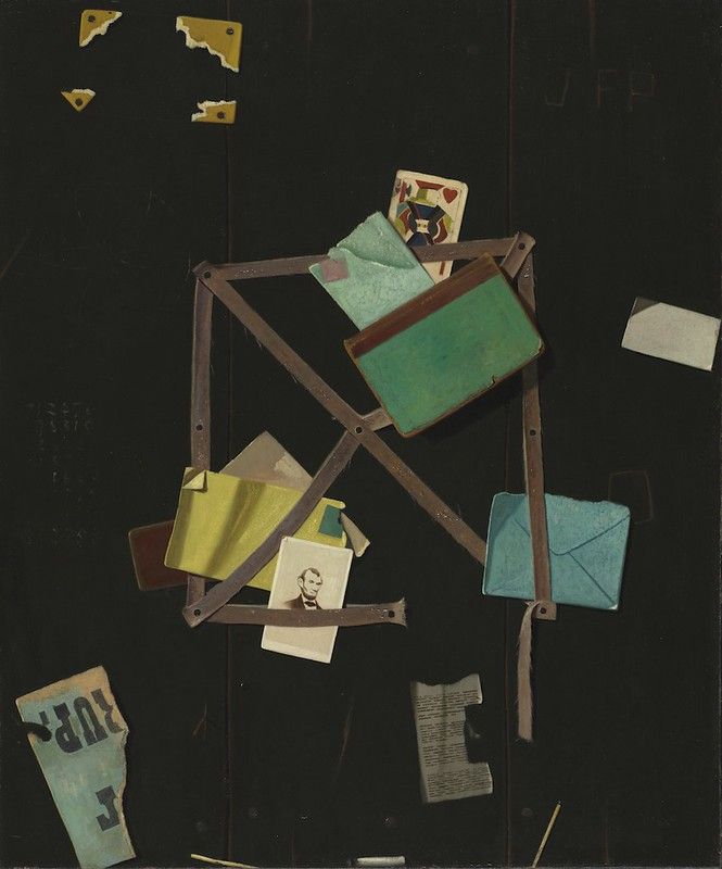 Still life painting of a folding chair with various objects attached to it, including playing cards, envelopes, a photograph, and a school slate, against a dark background.