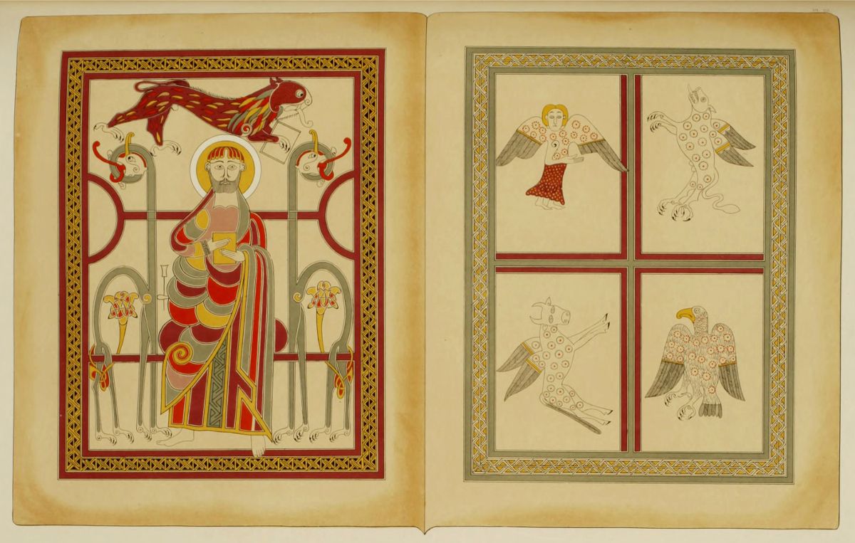 An open page from an illuminated manuscript, featuring a central figure of a man seated on a throne and surrounded by intricate Celtic knotwork and stylized animal figures on the left side, and four smaller panels each containing a stylized animal or figure on the right side.
