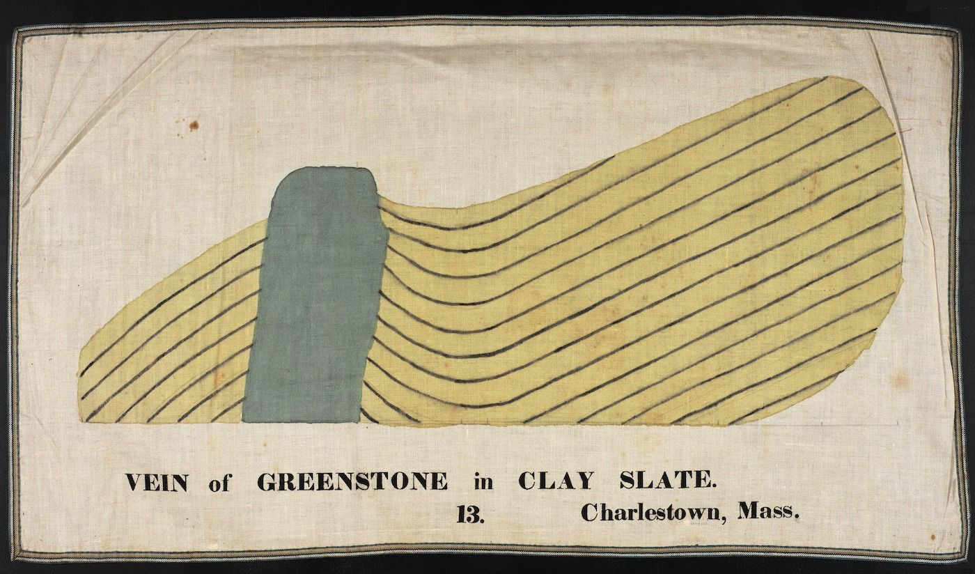 Vintage diagram of a geological formation showing a greenstone vein in clay slate, labeled 'VEIN of GREENSTONE in CLAY SLATE. 13. Charlestown, Mass.'.