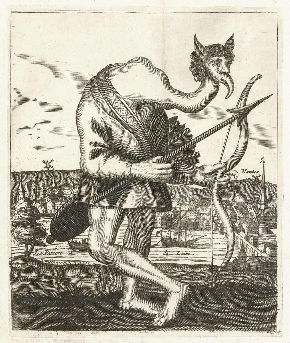 A black and white engraving of a monstrous figure holding a bow and arrow, standing in a landscape with a city and river in the background.