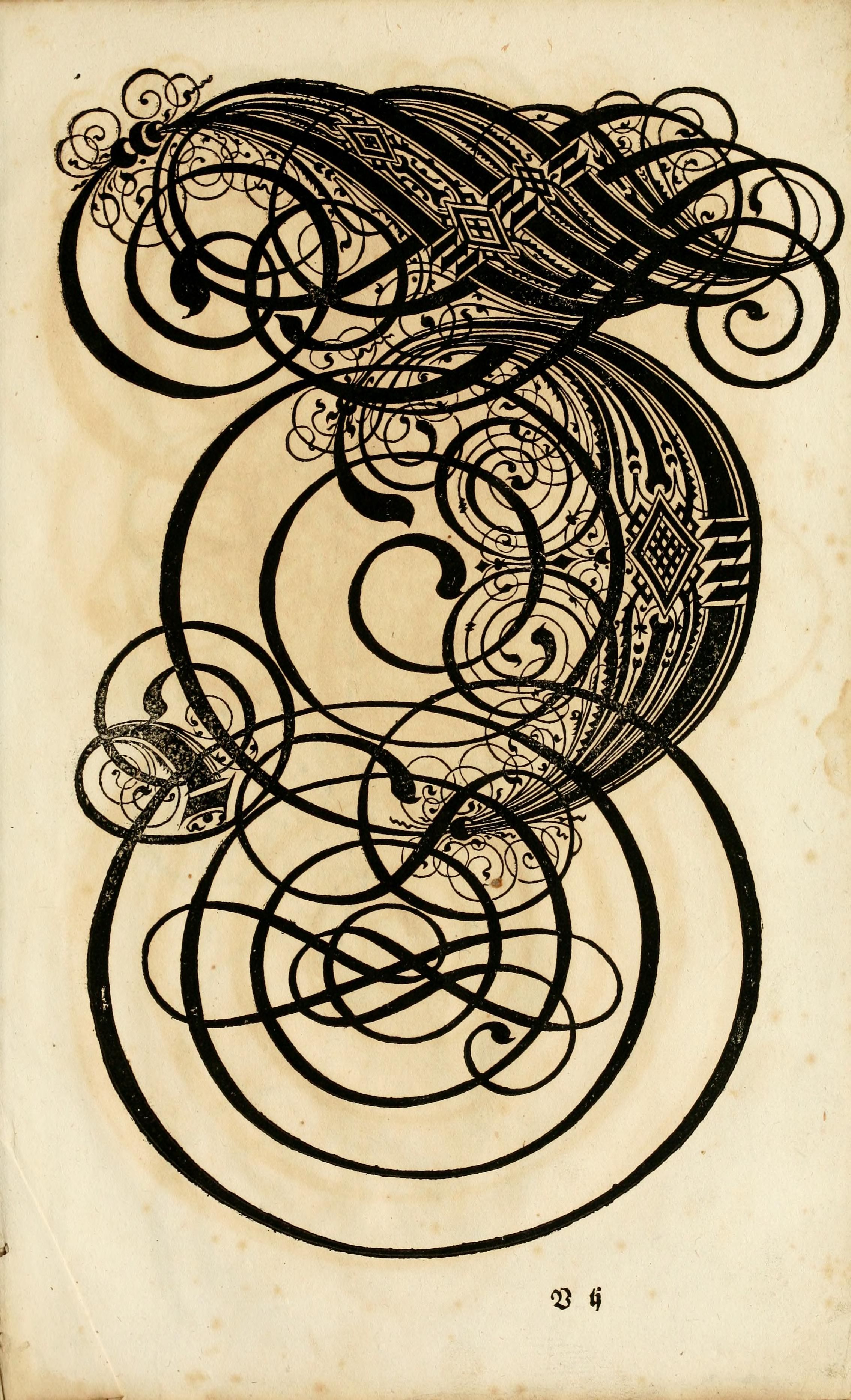 A vintage illustration of an ornate, calligraphic design with curved lines, spirals, and geometric patterns in black ink on a cream-colored background.