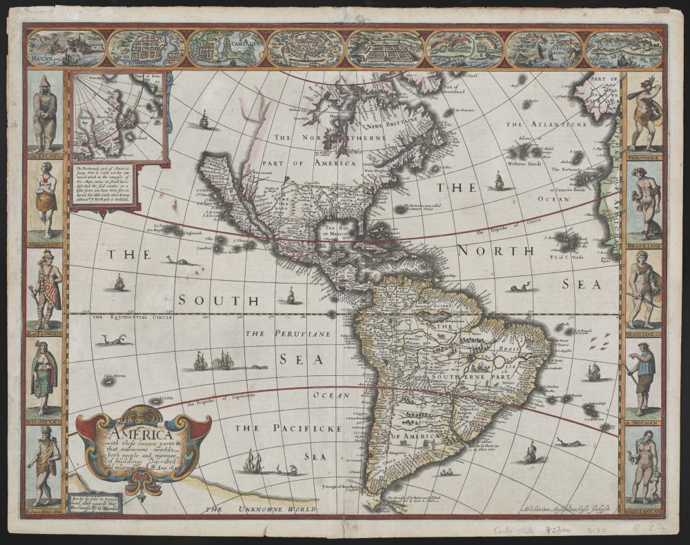 A vintage map of the Americas, surrounded by illustrations of indigenous people, ships, and scenes of life in the Americas.