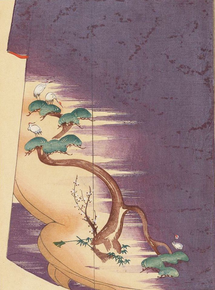 Vintage Japanese woodblock print of a pine tree with birds, growing out of a hill, against a purple sky.