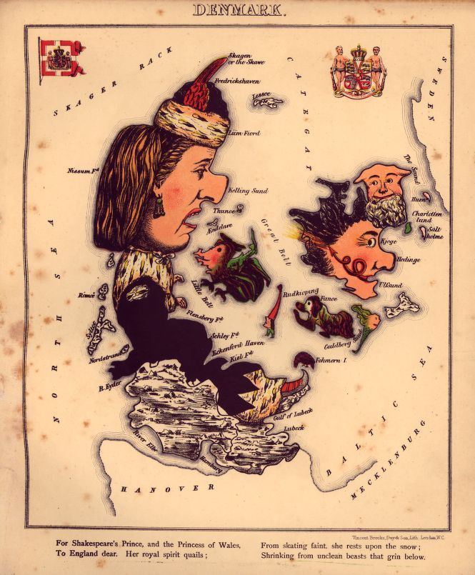 Vintage map of Denmark shaped like a kissing couple, with detailed coastline, islands, cities, and poetic inscription.