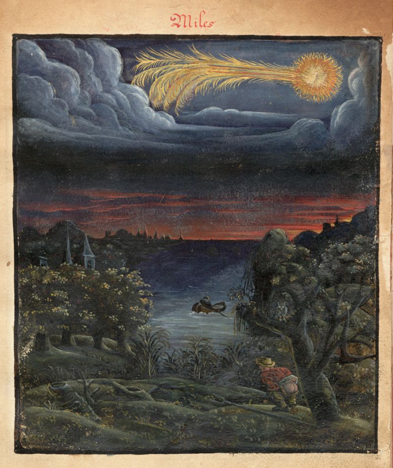 A painting of a night scene with a comet streaking across the sky. Two figures are seated on a rocky shore, looking out at a body of water. The sky is filled with dark clouds, and the horizon is illuminated by a red glow.
