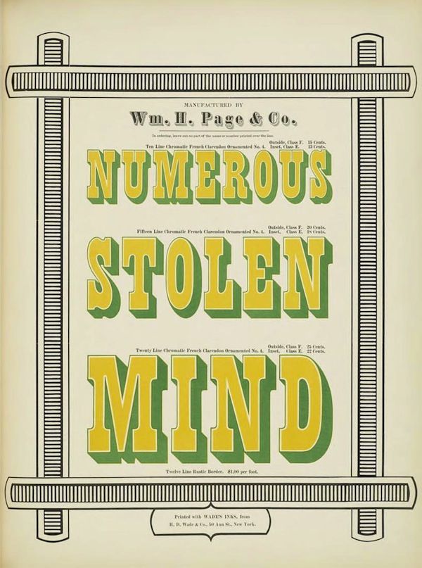 A vintage trade card or advertisement with the words "NUMEROUS STOLEN MIND" in large, ornate yellow and green lettering, surrounded by an elaborate border of geometric and floral designs. Additional text details various French Clavendon ornaments and prices.