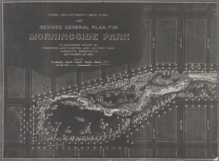 A vintage map of Morningside Park in New York City, dated September 26, 1887. The map is rendered in a monochromatic palette, primarily shades of brown and beige, giving it an aged appearance. The park itself is the central focus, depicted with intricate details of its landscape. There are numerous trees, represented by small, dense clusters, suggesting a heavily wooded area. Paths and walkways meander throughout the park, creating a network of routes. The terrain is indicated by contour lines, showing the undulating hills and valleys within the park boundaries. Surrounding the park are city streets, forming a grid pattern. The streets are labeled with their names, such as 110th Street, 116th Street, and Morningside Avenue. Buildings are represented by small, rectangular blocks along the streets, indicating the urban development surrounding the park. At the top of the map, there is a title block that reads "Park Department - New York, 1887, Revised General Plan for Morningside Park." Below the title, it states that the plan was prepared by Frederick Law Olmsted and Calvert Vaux, landscape architects. A scale is also included, showing measurements in feet and meters.
